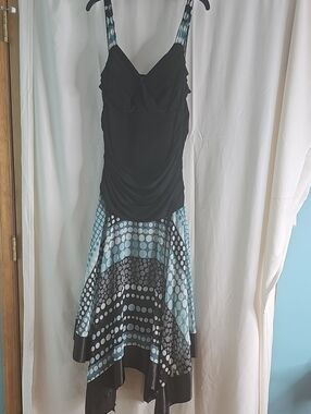 Dressbarn Black Bodice with Teal and White Polka-Dot High-Low Dress